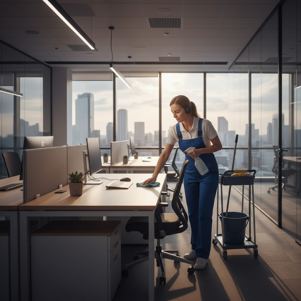 A cleaner wearing blue overalls wipes a desk with a cloth in a modern office with city views.